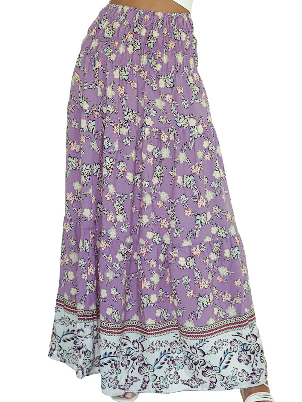 Elegant Purple Floral Boho Maxi Skirt with Smocked Details