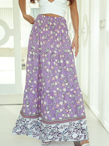 Elegant Purple Floral Boho Maxi Skirt with Smocked Details