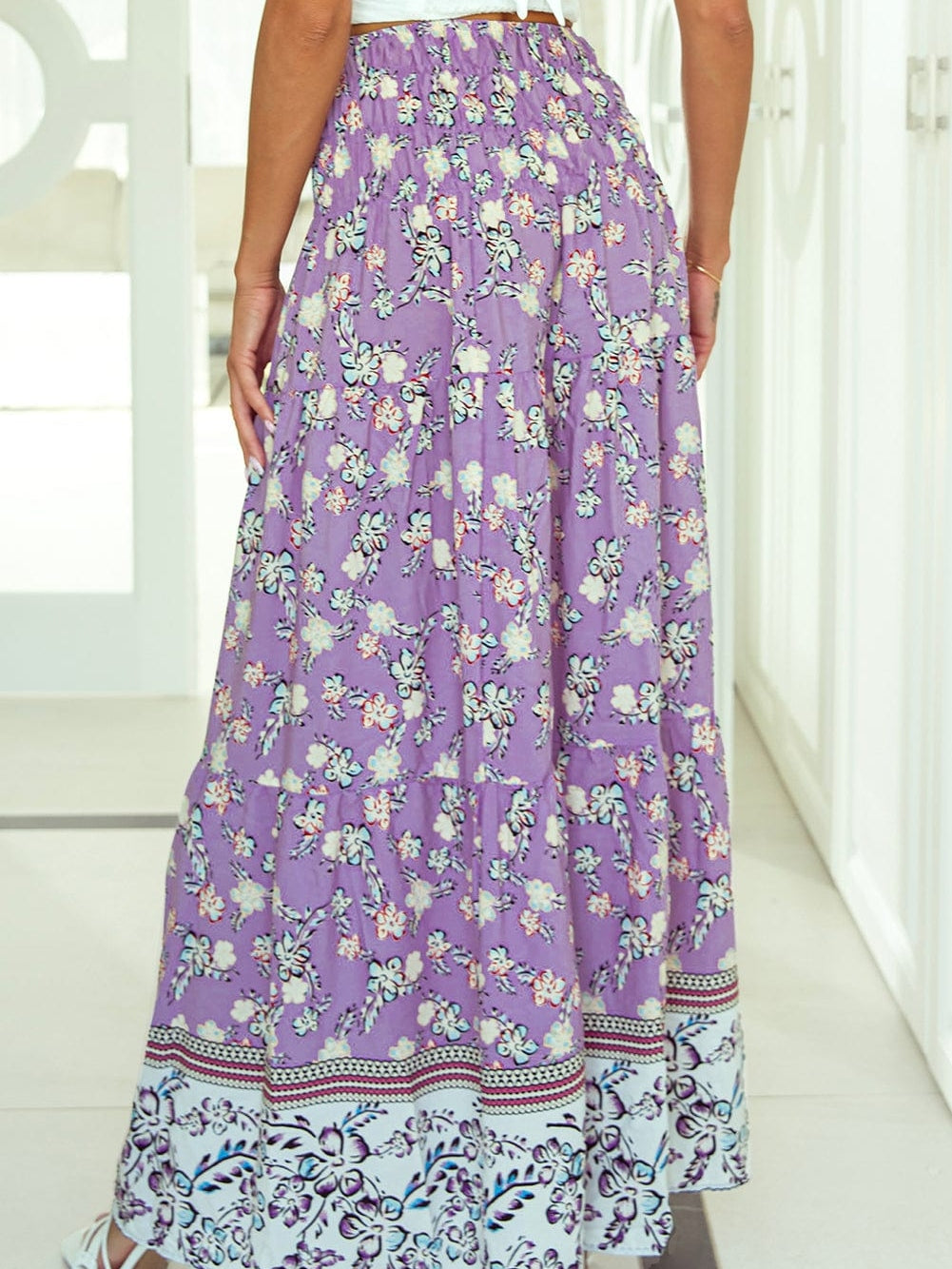 Elegant Purple Floral Boho Maxi Skirt with Smocked Details