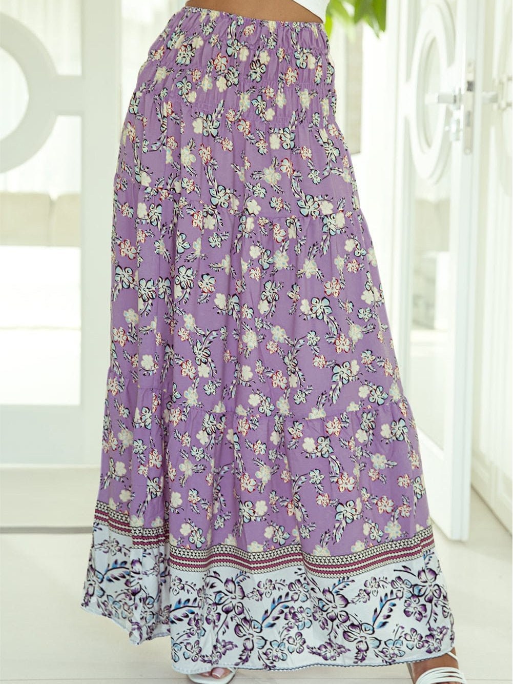 Elegant Purple Floral Boho Maxi Skirt with Smocked Details