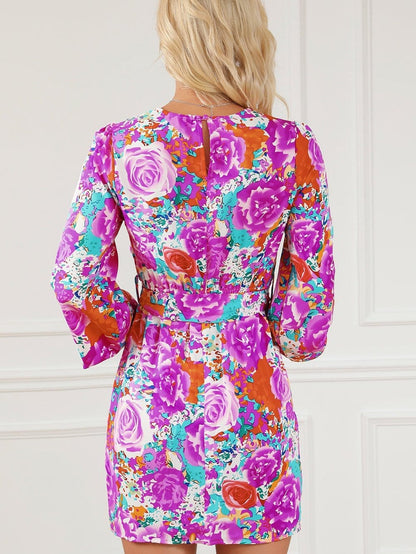 Elegant Purple Floral Mini Dress with Keyhole Back and Belted Waist