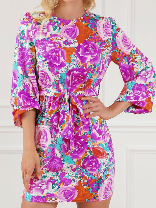 Elegant Purple Floral Mini Dress with Keyhole Back and Belted Waist