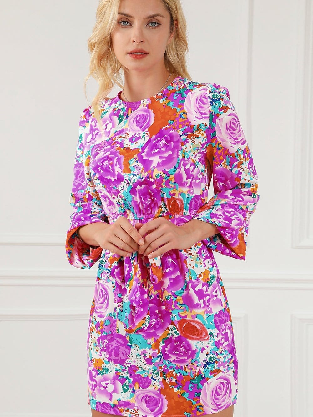 Elegant Purple Floral Mini Dress with Keyhole Back and Belted Waist