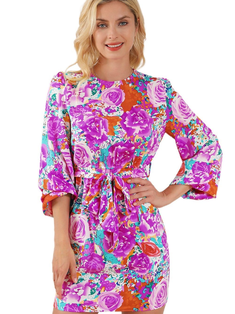 Elegant Purple Floral Mini Dress with Keyhole Back and Belted Waist