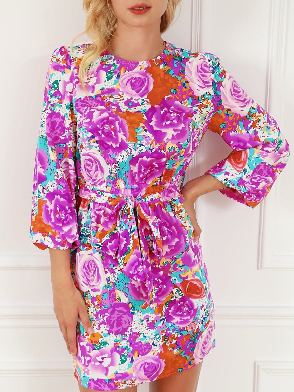 Elegant Purple Floral Mini Dress with Keyhole Back and Belted Waist