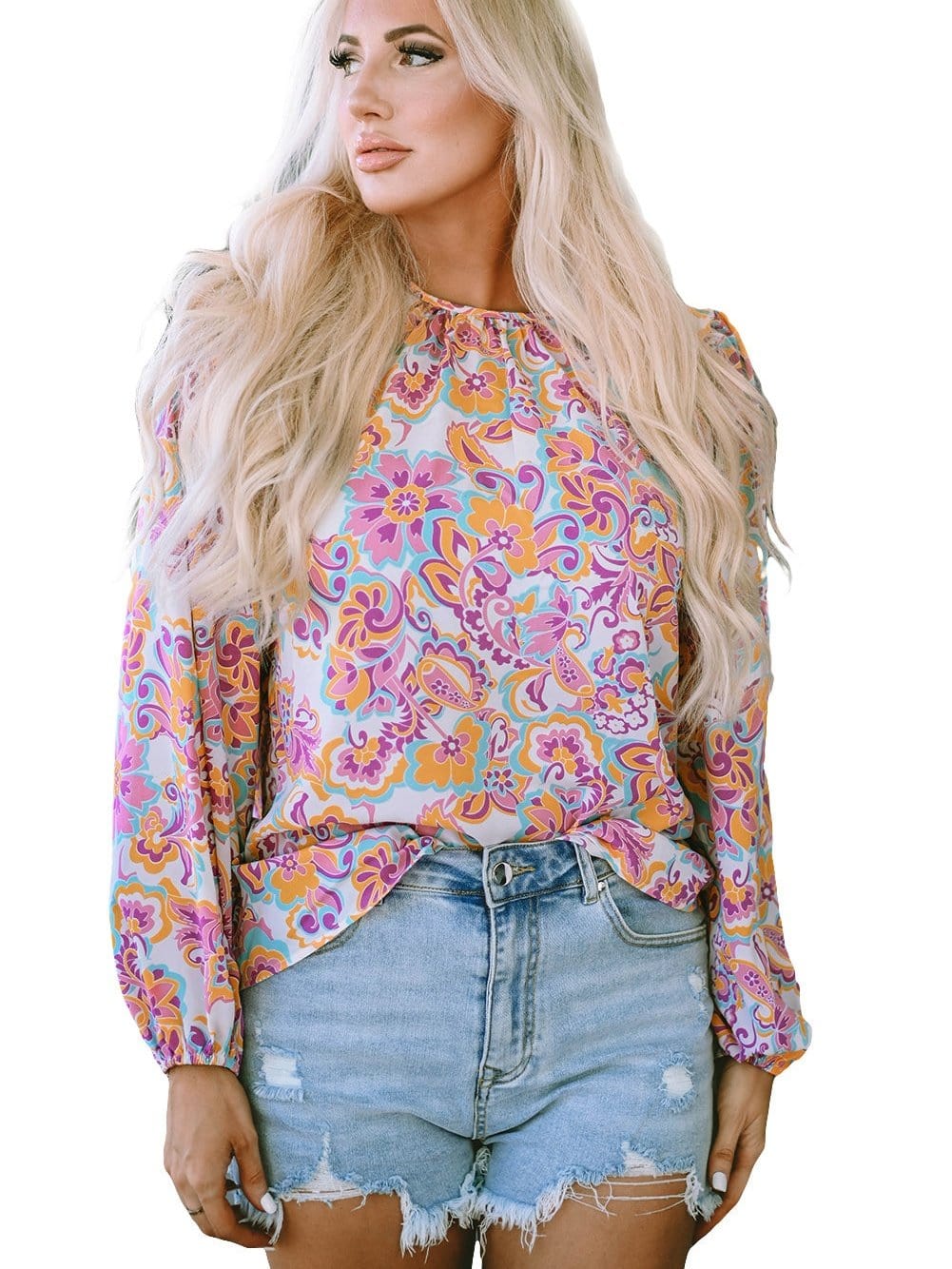 Elegant Purple Paisley Boho Blouse with Peasant Sleeves