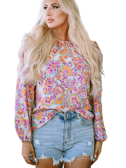 Elegant Purple Paisley Boho Blouse with Peasant Sleeves