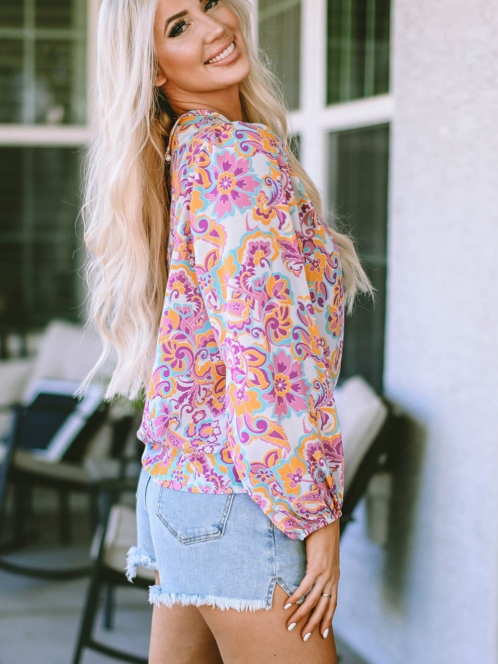 Elegant Purple Paisley Boho Blouse with Peasant Sleeves