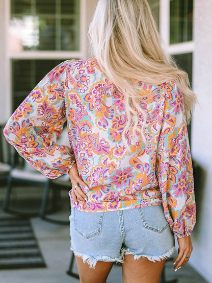 Elegant Purple Paisley Boho Blouse with Peasant Sleeves