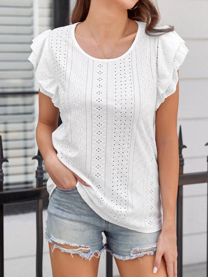 Elegant Rhombus Textured Ruffle Sleeve Top