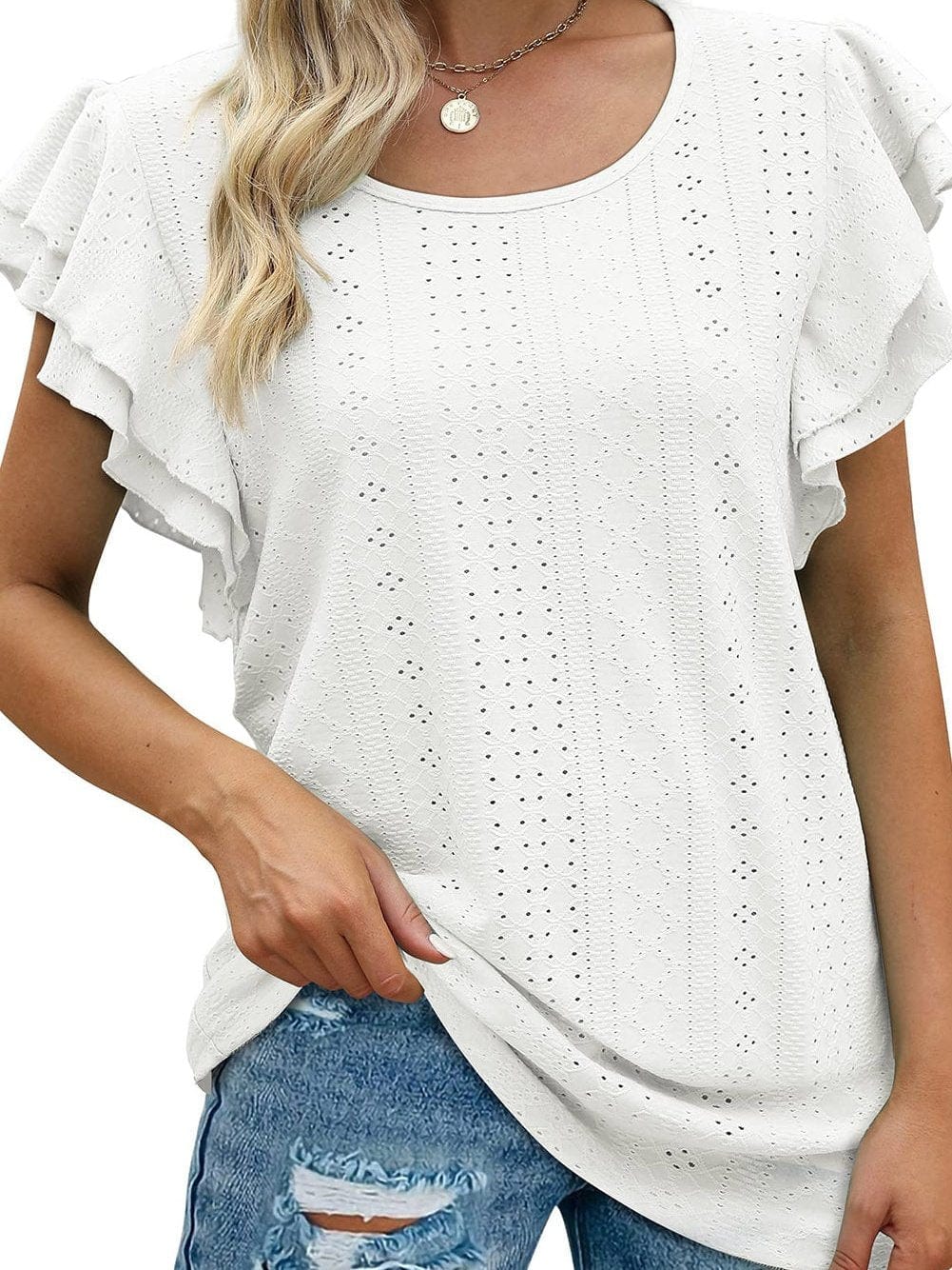 Elegant Rhombus Textured Ruffle Sleeve Top