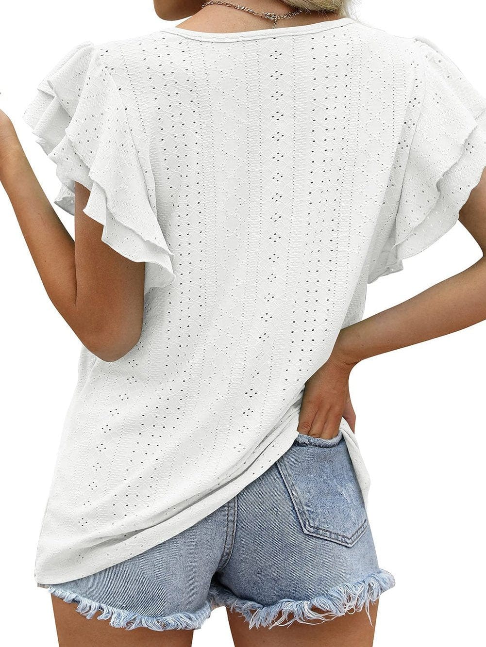 Elegant Rhombus Textured Ruffle Sleeve Top