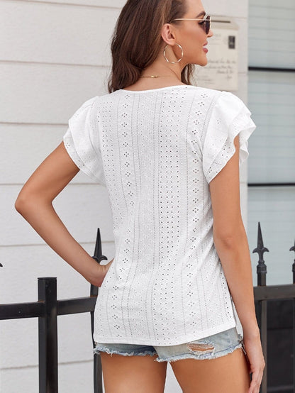 Elegant Rhombus Textured Ruffle Sleeve Top