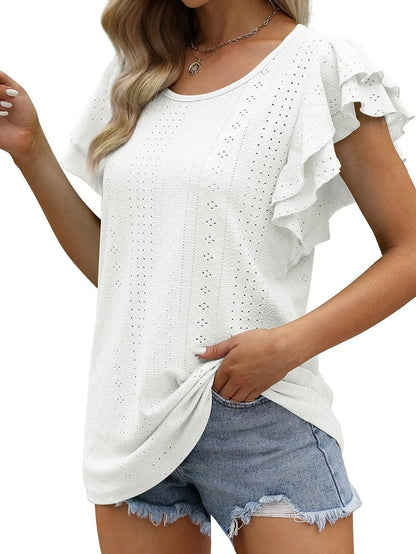 Elegant Rhombus Textured Ruffle Sleeve Top