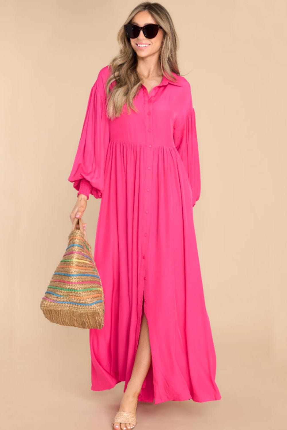 Elegant Rose Balloon Sleeve Maxi Shirt Dress