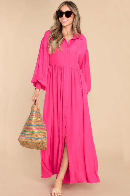 Elegant Rose Balloon Sleeve Maxi Shirt Dress