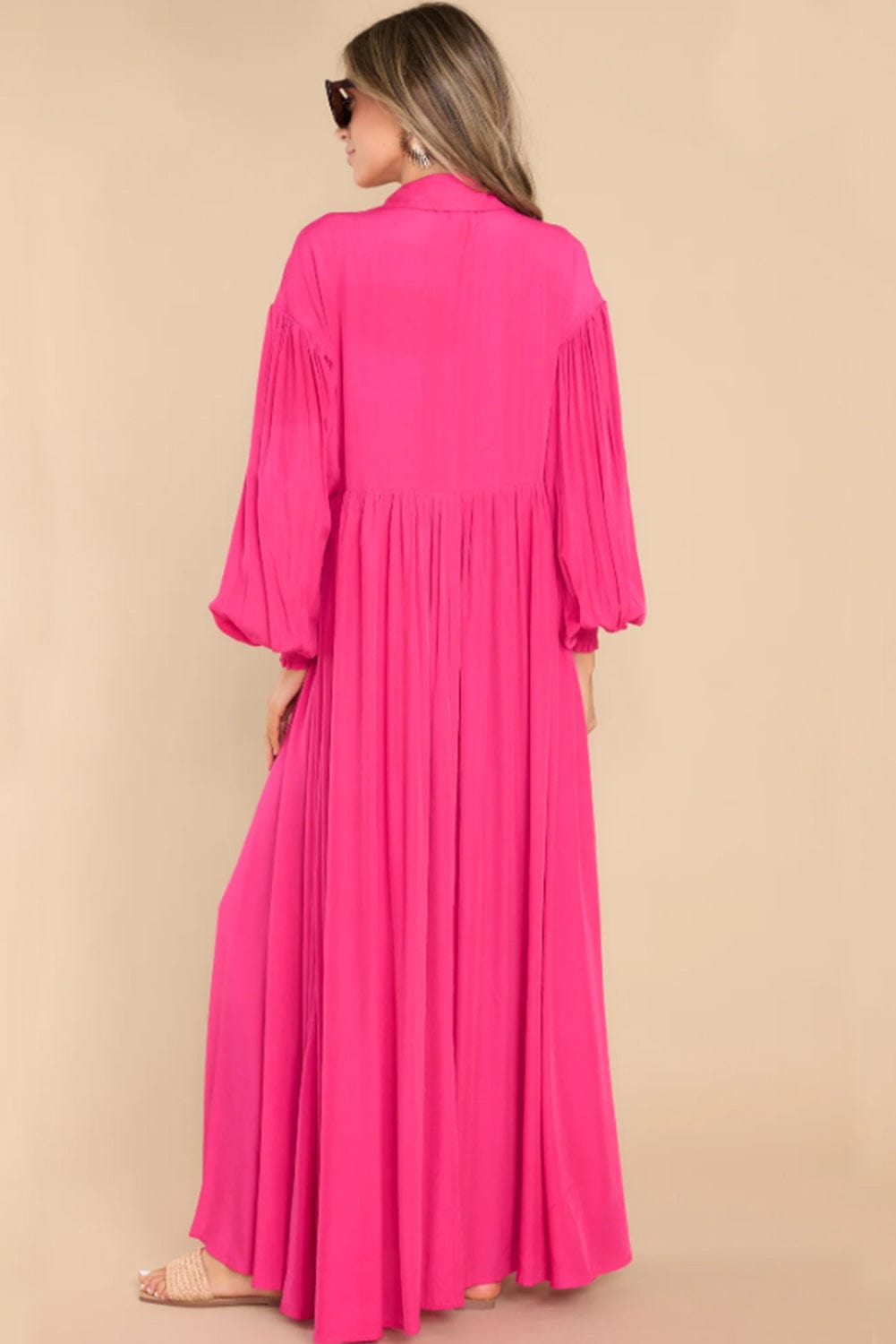 Elegant Rose Balloon Sleeve Maxi Shirt Dress