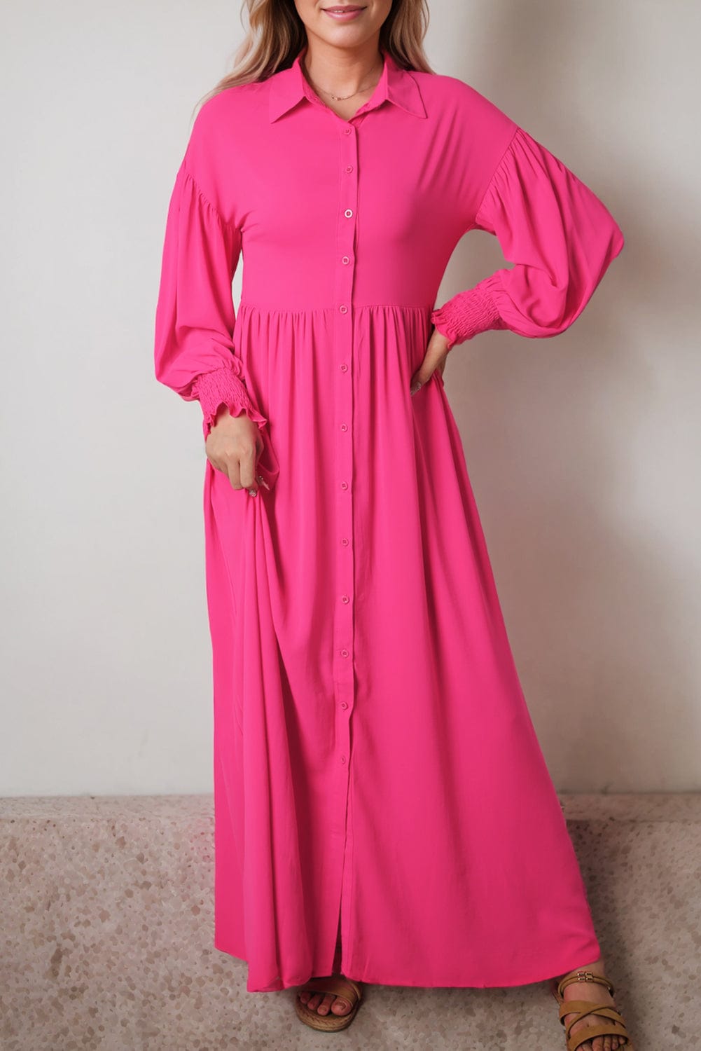 Elegant Rose Balloon Sleeve Maxi Shirt Dress
