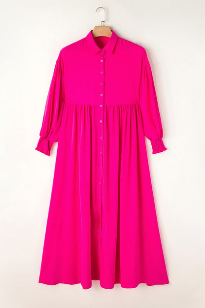 Elegant Rose Balloon Sleeve Maxi Shirt Dress
