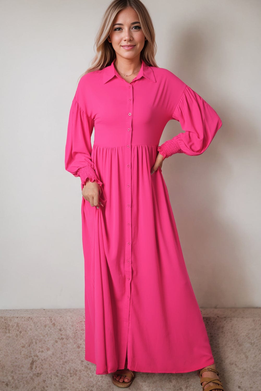 Elegant Rose Balloon Sleeve Maxi Shirt Dress