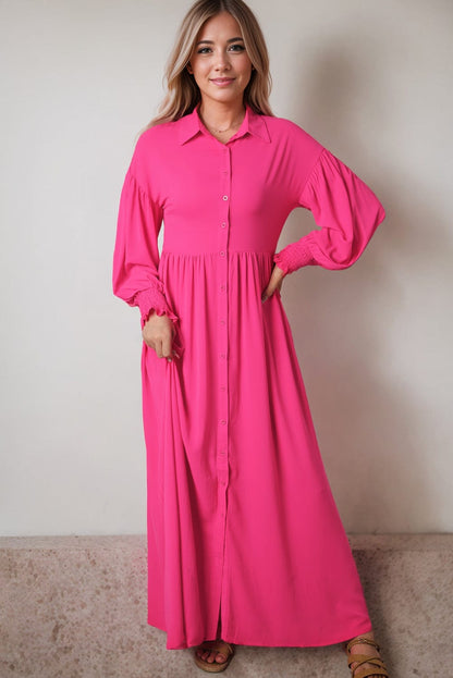 Elegant Rose Balloon Sleeve Maxi Shirt Dress