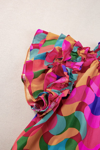 Elegant Rose Red Abstract Print Ruffle Sleeve Smocked Neck Blouse