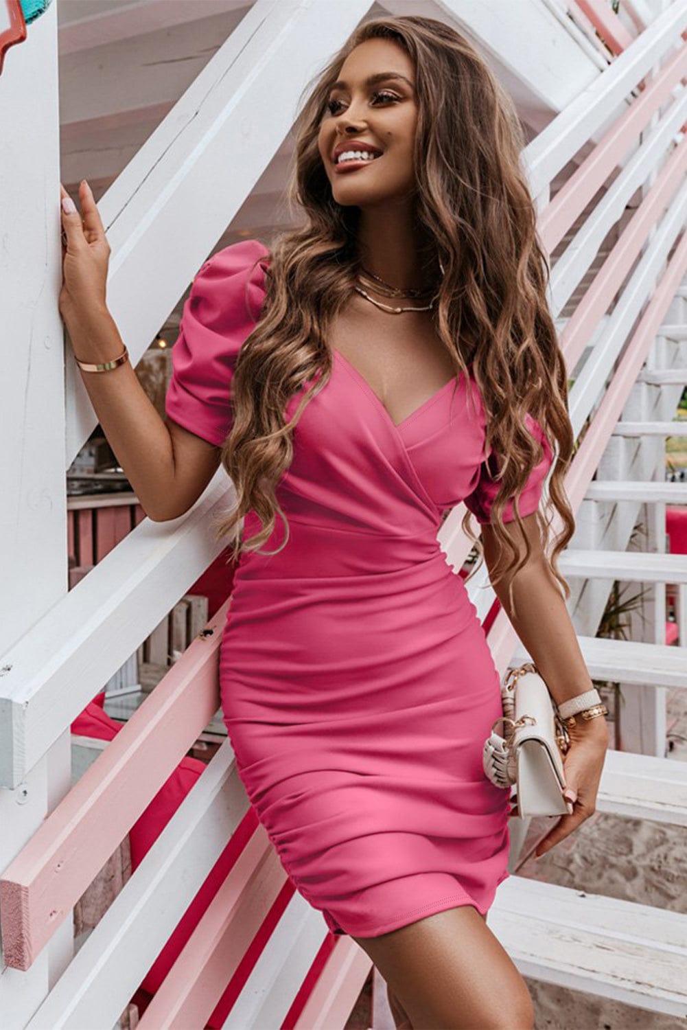 Elegant Rose Red Bubble Sleeve V Neck Bodycon Mini Dress