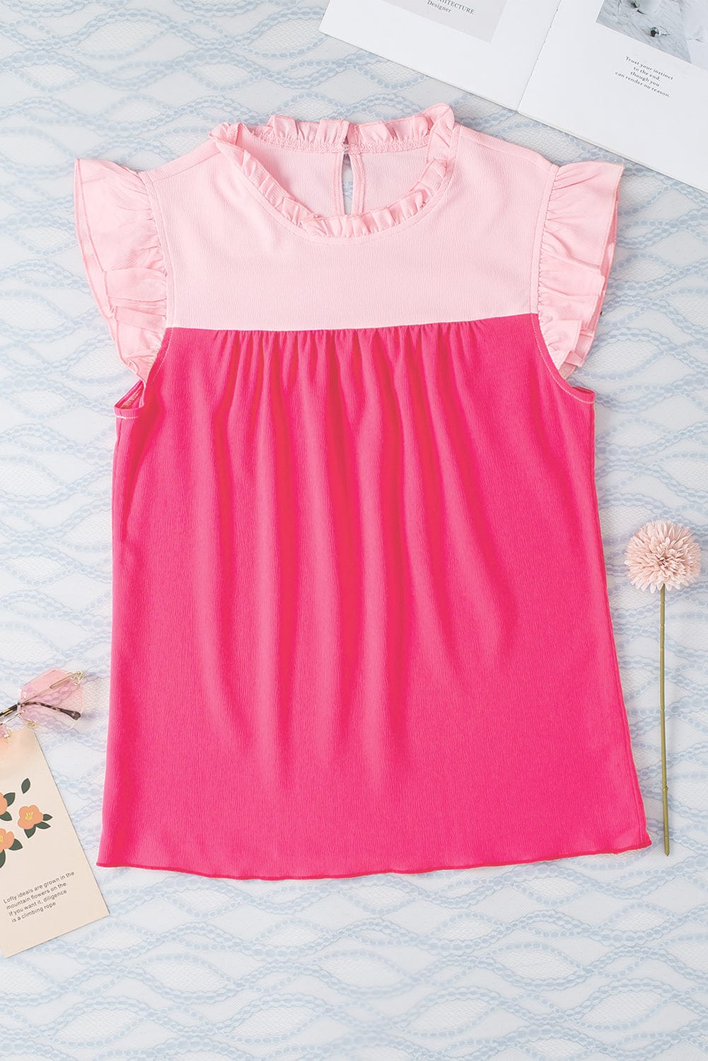 Elegant Rose Red Flutter Sleeve Patchwork Blouse