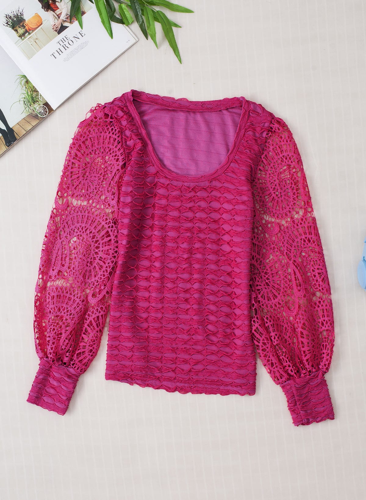 Elegant Rose Red Lace Lantern Sleeve Frilly Blouse