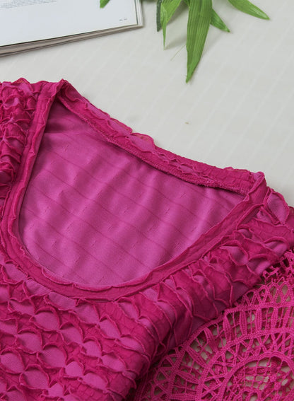 Elegant Rose Red Lace Lantern Sleeve Frilly Blouse