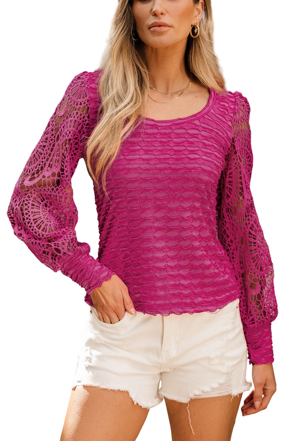 Elegant Rose Red Lace Lantern Sleeve Frilly Blouse