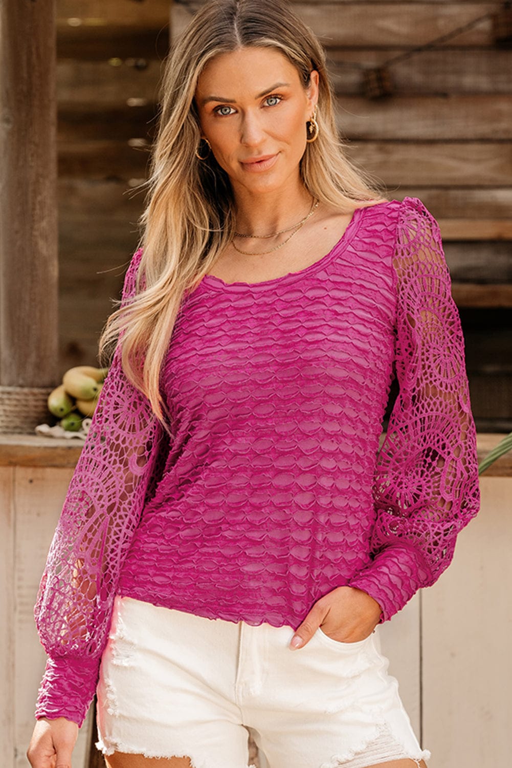 Elegant Rose Red Lace Lantern Sleeve Frilly Blouse