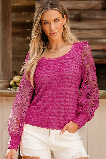 Elegant Rose Red Lace Lantern Sleeve Frilly Blouse