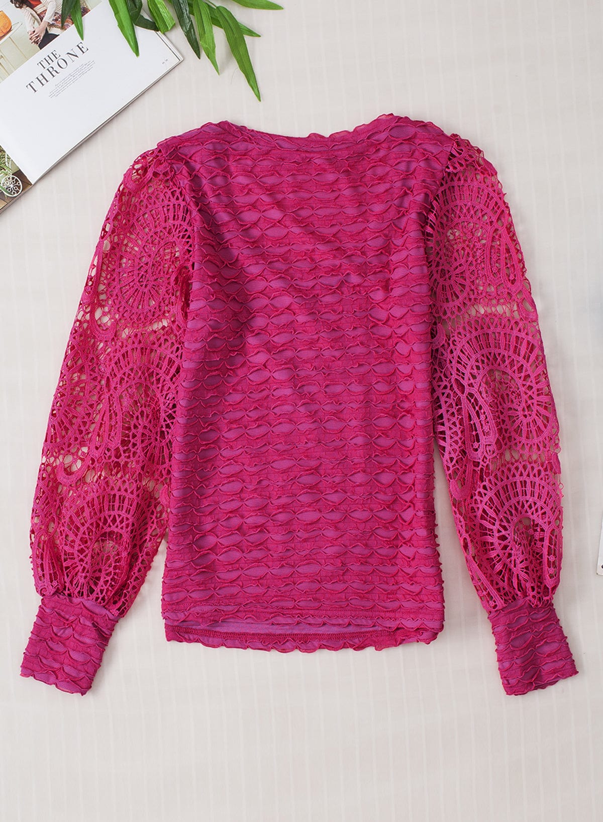 Elegant Rose Red Lace Lantern Sleeve Frilly Blouse