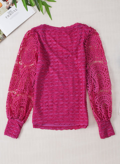 Elegant Rose Red Lace Lantern Sleeve Frilly Blouse