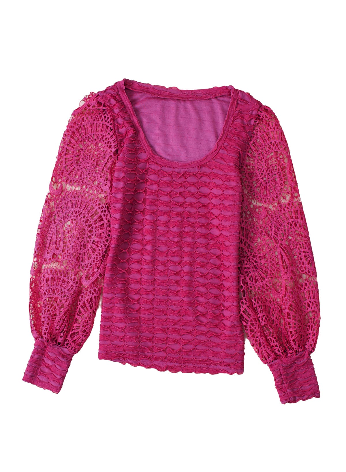 Elegant Rose Red Lace Lantern Sleeve Frilly Blouse