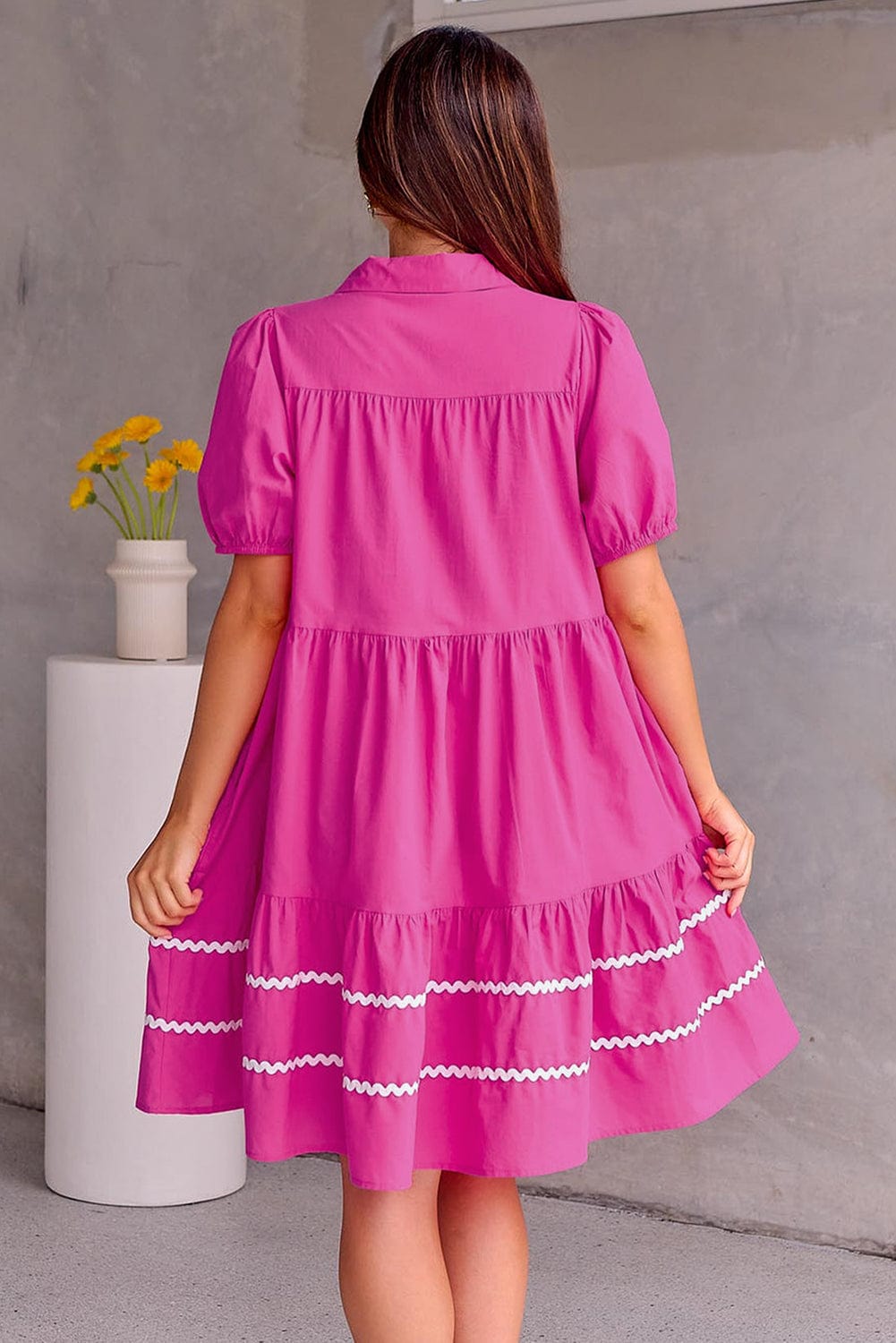Elegant Rose Red Ric-Rac Puff Sleeve Shirt Dress