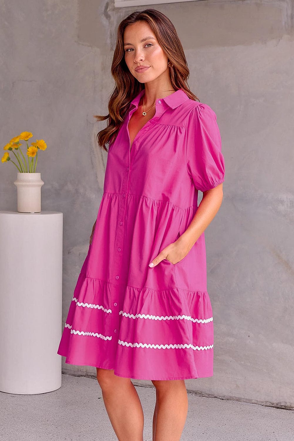Elegant Rose Red Ric-Rac Puff Sleeve Shirt Dress