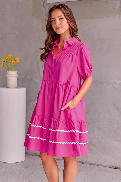 Elegant Rose Red Ric-Rac Puff Sleeve Shirt Dress