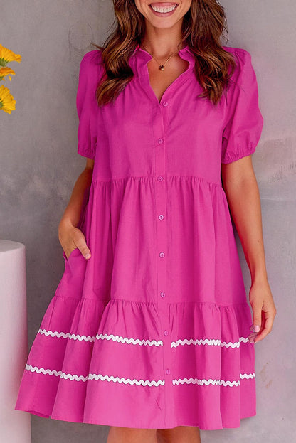 Elegant Rose Red Ric-Rac Puff Sleeve Shirt Dress