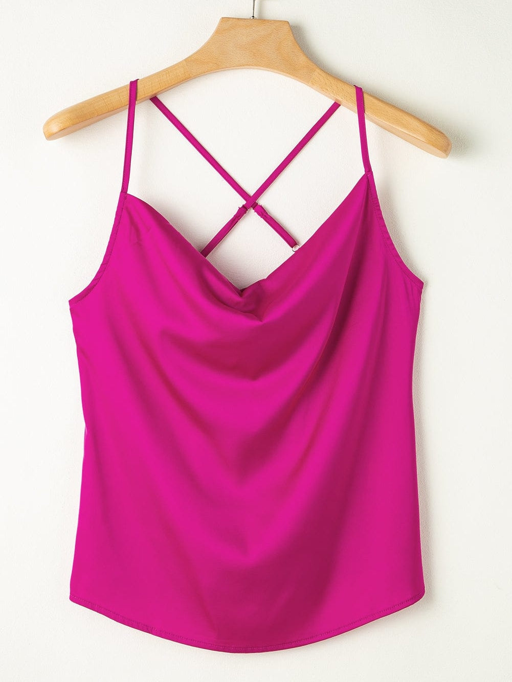 Elegant Rose Red Satin Cross Back Cowl Neck Tank Top