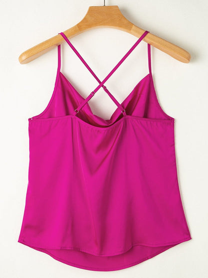 Elegant Rose Red Satin Cross Back Cowl Neck Tank Top