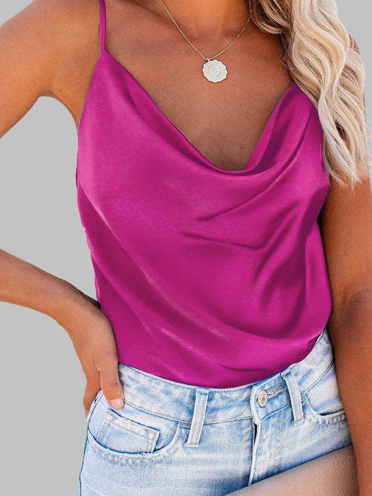 Elegant Rose Red Satin Cross Back Cowl Neck Tank Top