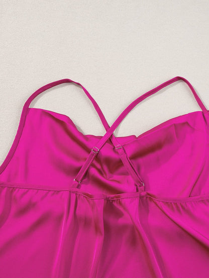 Elegant Rose Red Satin Cross Back Cowl Neck Tank Top
