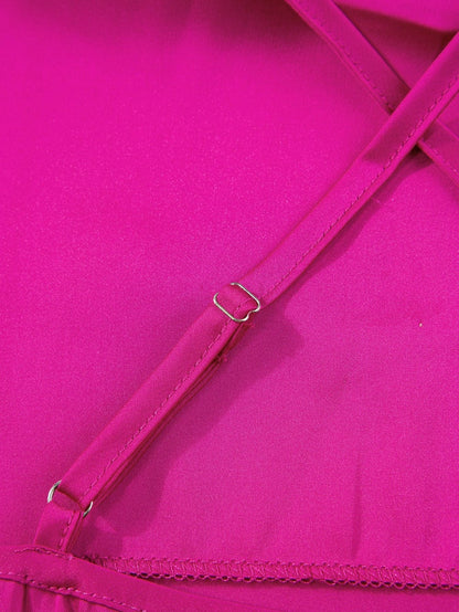 Elegant Rose Red Satin Cross Back Cowl Neck Tank Top