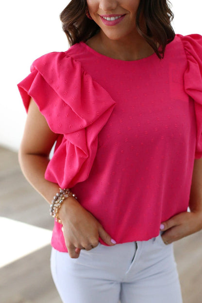 Elegant Rose Red Swiss Dot Blouse with Ruffle Sleeves
