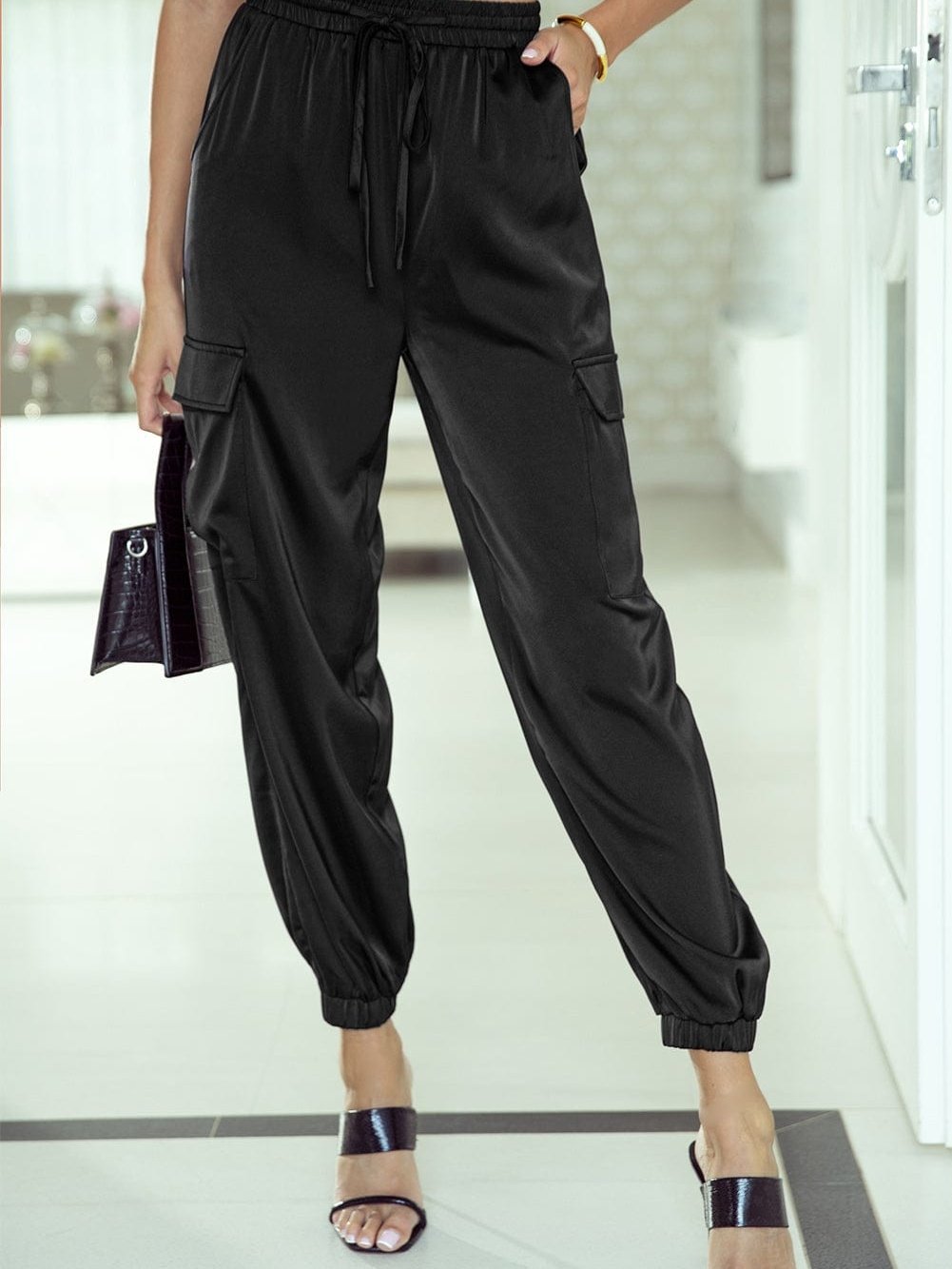Elegant Rosy Satin Elastic Waist Pants with Pockets