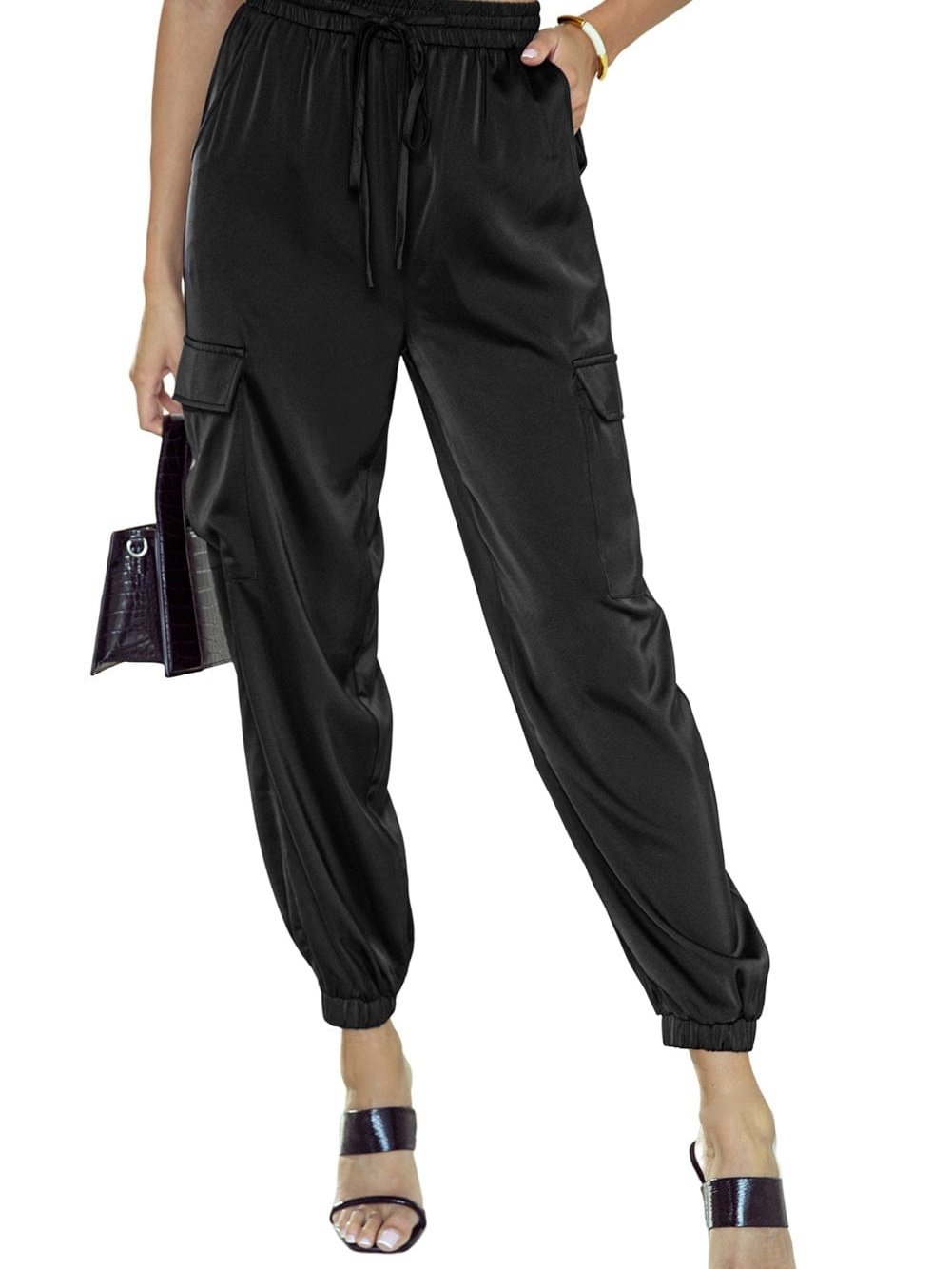 Elegant Rosy Satin Elastic Waist Pants with Pockets