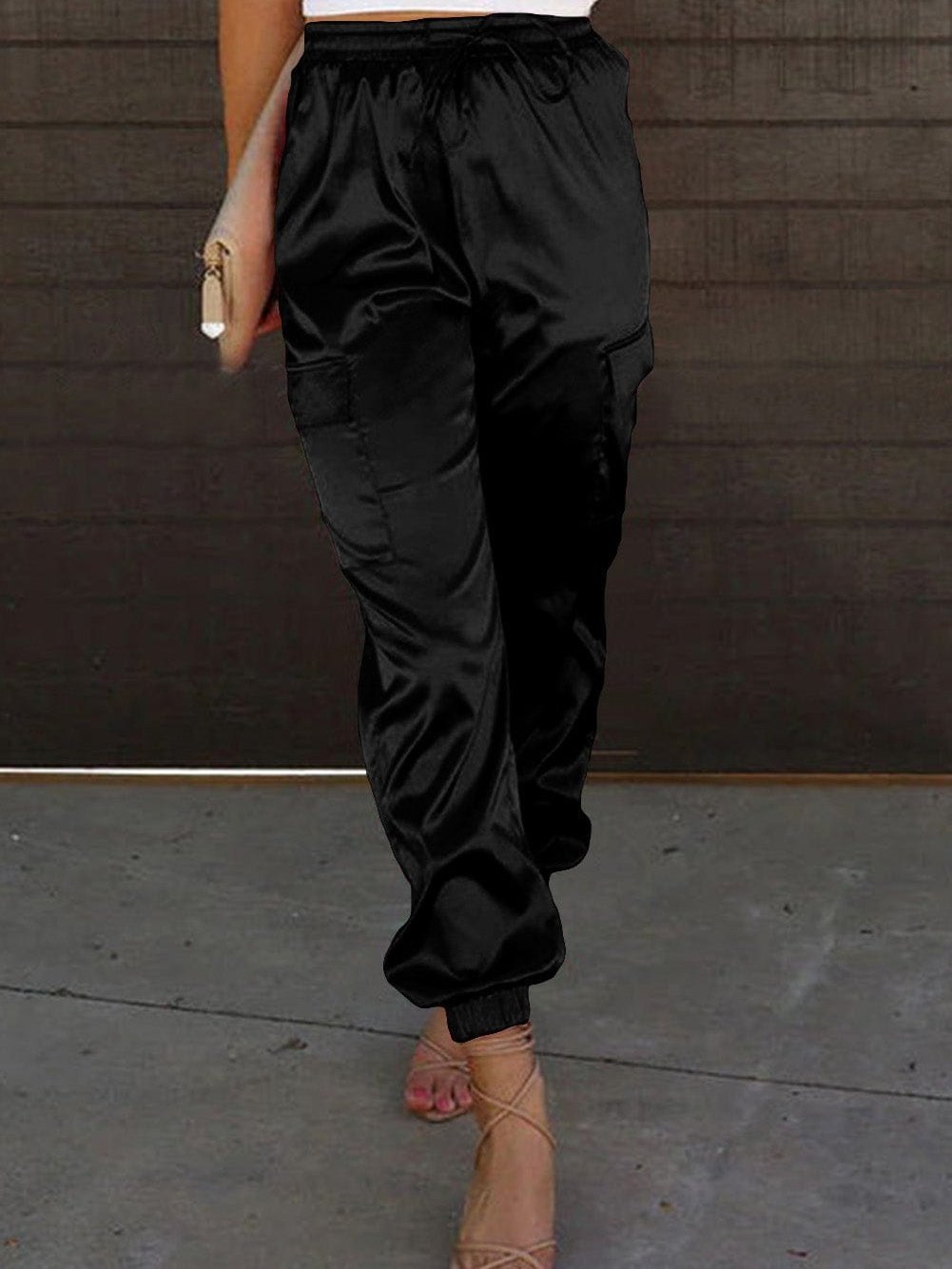 Elegant Rosy Satin Elastic Waist Pants with Pockets