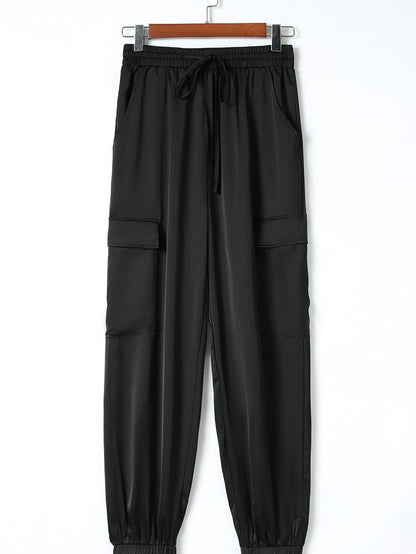 Elegant Rosy Satin Elastic Waist Pants with Pockets